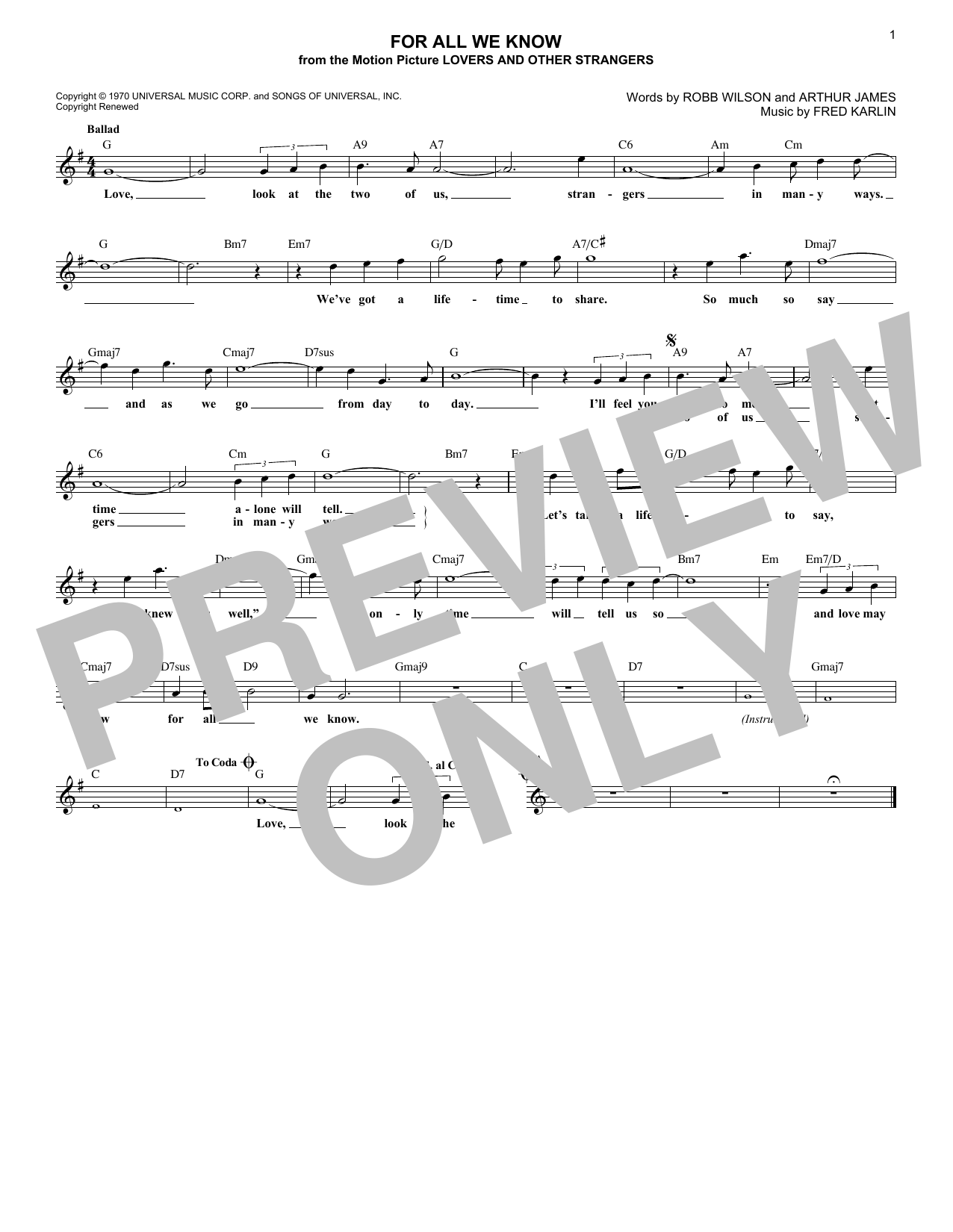 The Carpenters For All We Know Sheet Music Notes & Chords for Lead Sheet / Fake Book - Download or Print PDF