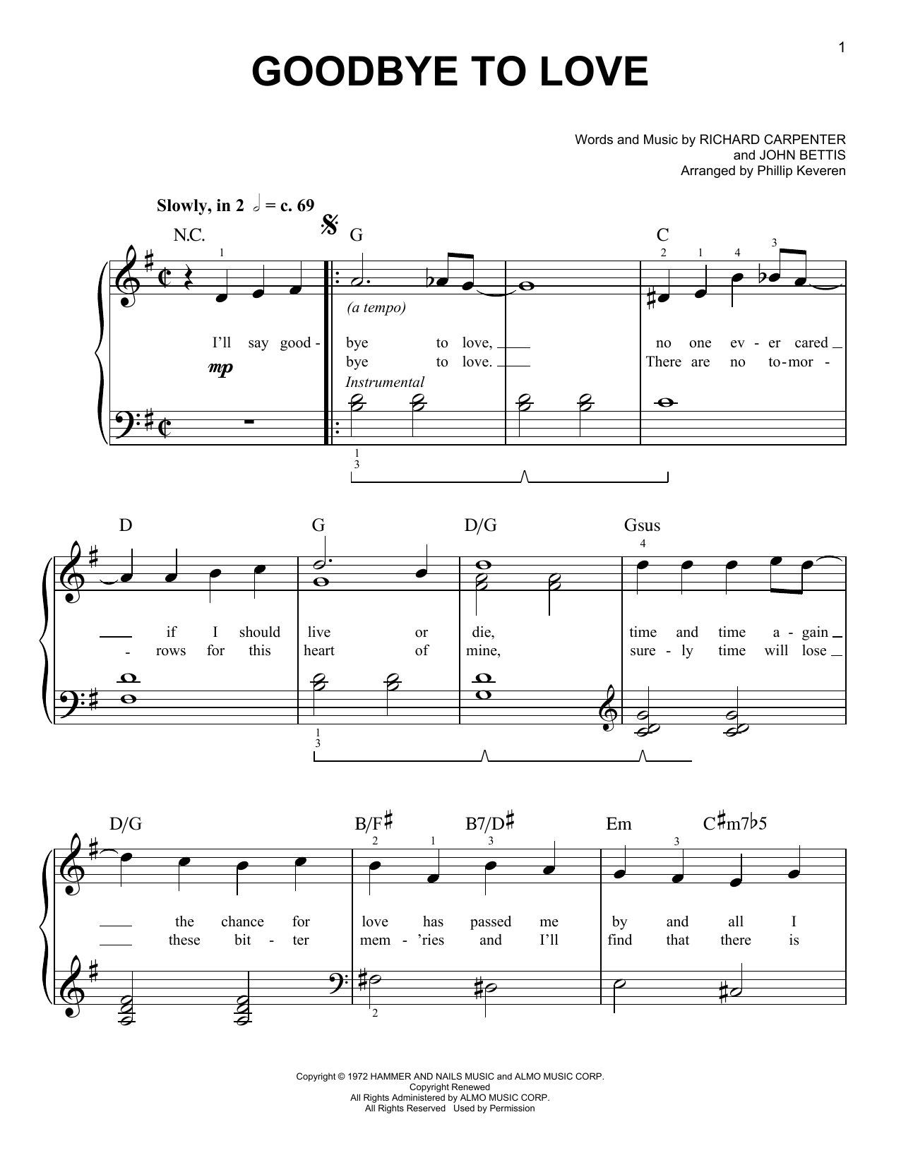 The Carpenters Goodbye To Love (arr. Phillip Keveren) Sheet Music Notes & Chords for Easy Piano - Download or Print PDF