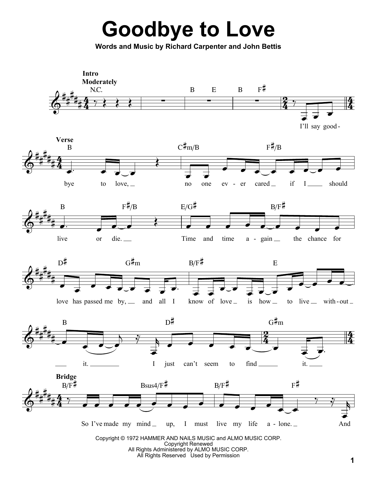 The Carpenters Goodbye To Love Sheet Music Notes & Chords for Lead Sheet / Fake Book - Download or Print PDF