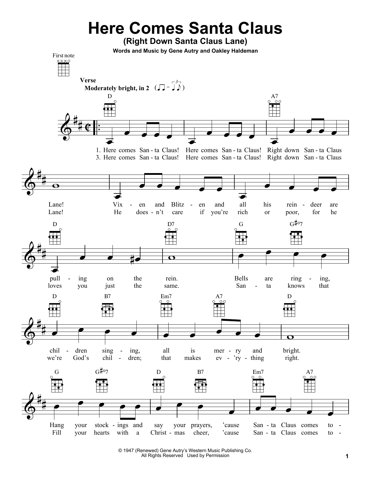 The Carpenters Here Comes Santa Claus (Right Down Santa Claus Lane) Sheet Music Notes & Chords for Ukulele - Download or Print PDF