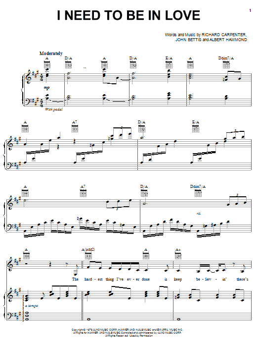 Carpenters I Need To Be In Love Sheet Music Notes & Chords for Piano, Vocal & Guitar (Right-Hand Melody) - Download or Print PDF