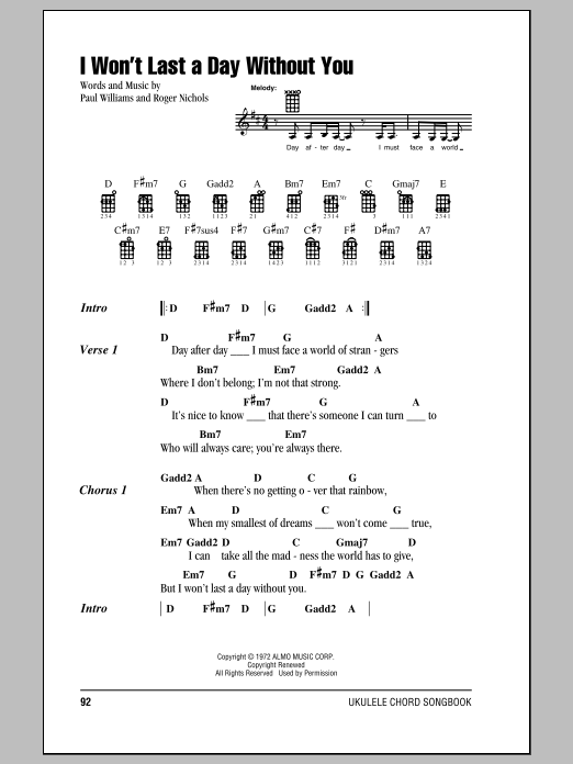 The Carpenters I Won't Last A Day Without You Sheet Music Notes & Chords for Ukulele with strumming patterns - Download or Print PDF