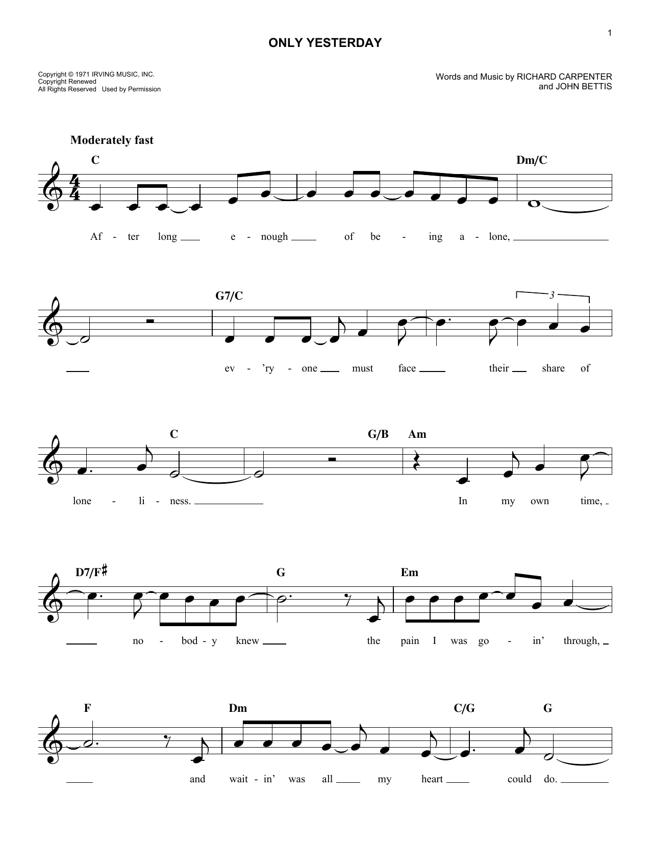 Carpenters Only Yesterday Sheet Music Notes & Chords for Melody Line, Lyrics & Chords - Download or Print PDF