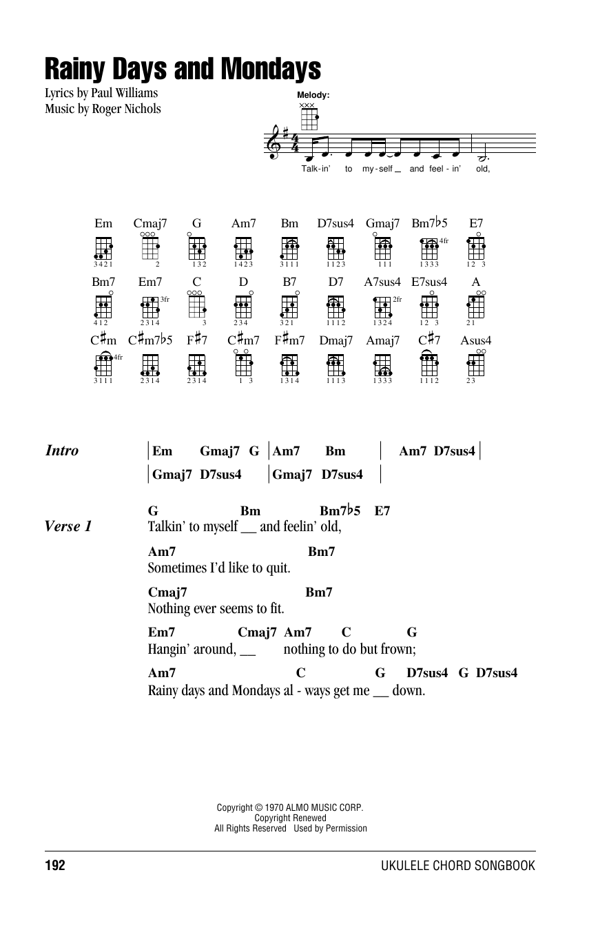 Carpenters Rainy Days And Mondays Sheet Music Notes & Chords for Melody Line, Lyrics & Chords - Download or Print PDF