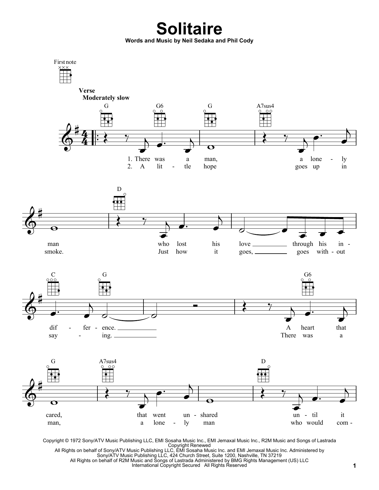 Carpenters Solitaire Sheet Music Notes & Chords for Ukulele - Download or Print PDF Carpenters Solitaire Sheet Music Notes & Chords for Ukulele - Download or Print PDF