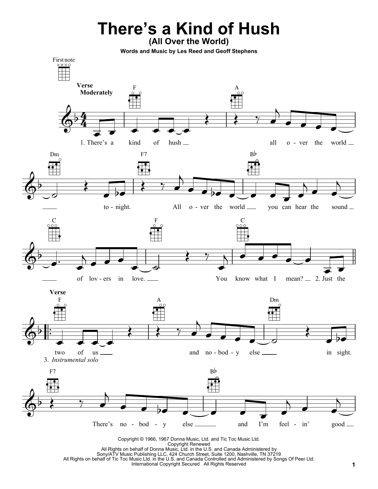 Carpenters There's A Kind Of Hush (All Over The World) Sheet Music Notes & Chords for Ukulele - Download or Print PDF Carpenters There's A Kind Of Hush (All Over The World) Sheet Music Notes & Chords for Ukulele - Download or Print PDF
