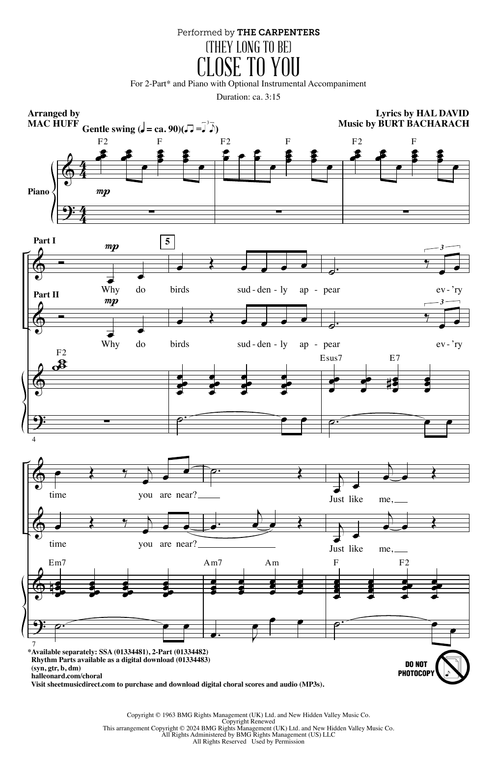 The Carpenters (They Long To Be) Close To You (arr. Mac Huff) Sheet Music Notes & Chords for 2-Part Choir - Download or Print PDF