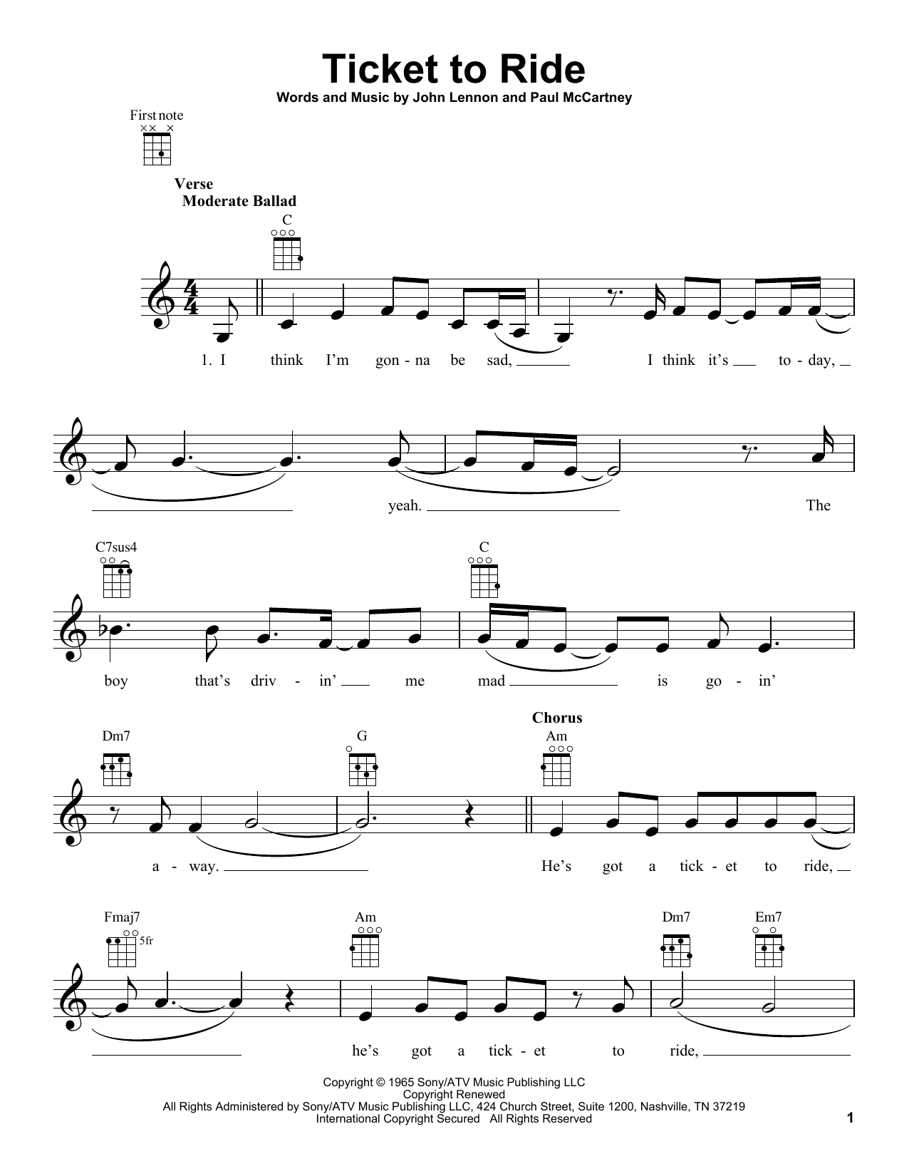 Carpenters Ticket To Ride Sheet Music Notes & Chords for Ukulele - Download or Print PDF