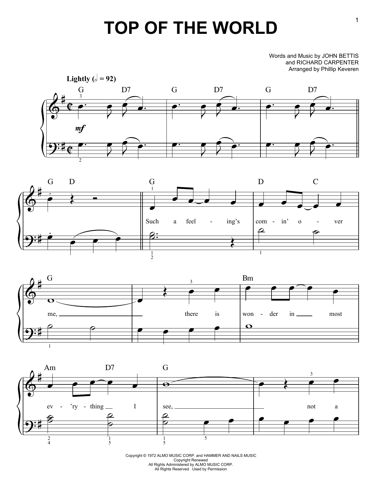 Phillip Keveren Top Of The World Sheet Music Notes & Chords for Easy Piano - Download or Print PDF