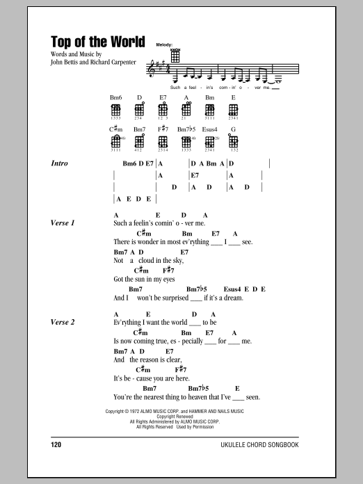 Carpenters Top Of The World Sheet Music Notes & Chords for Easy Piano - Download or Print PDF