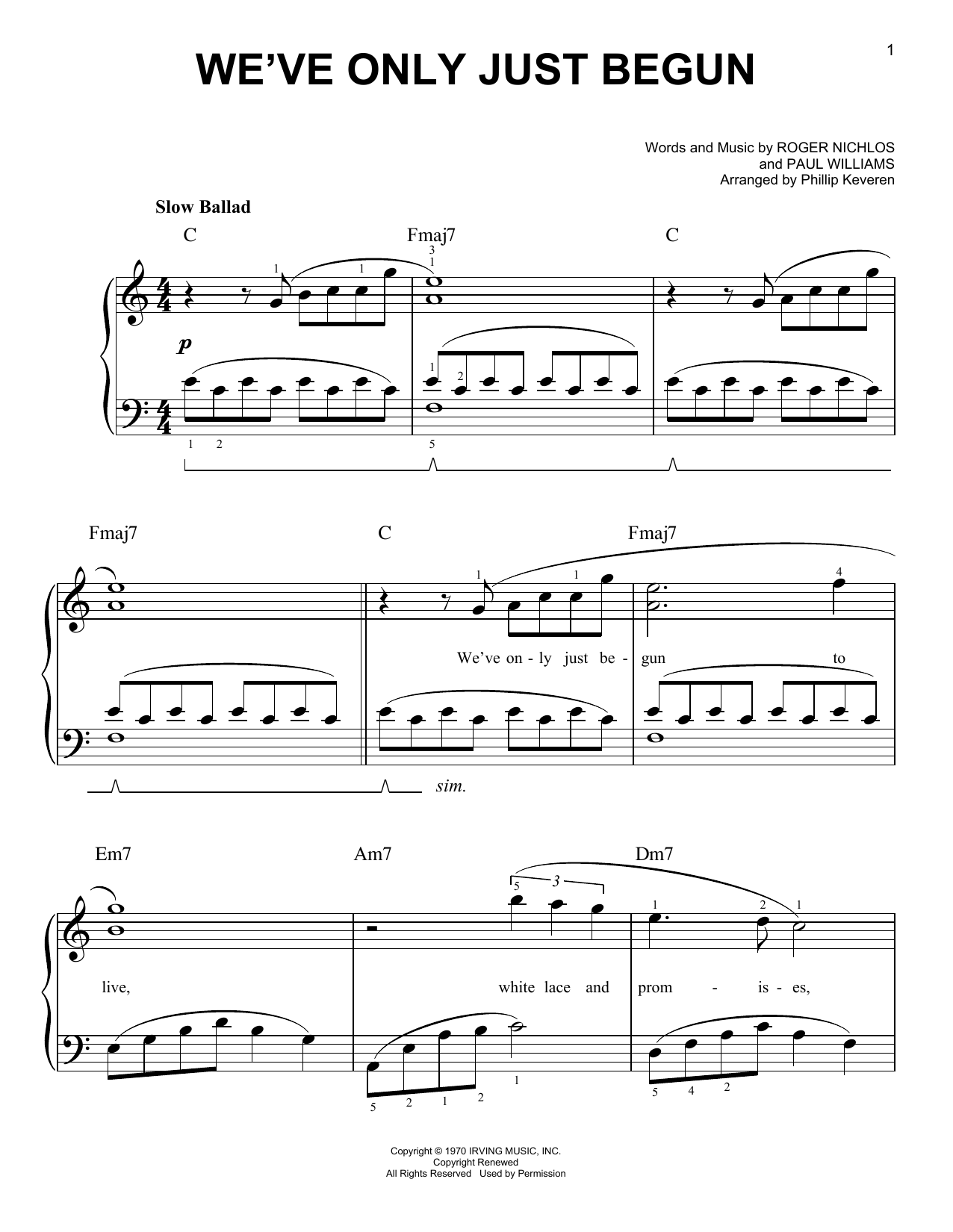 The Carpenters We've Only Just Begun (arr. Phillip Keveren) Sheet Music Notes & Chords for Easy Piano - Download or Print PDF