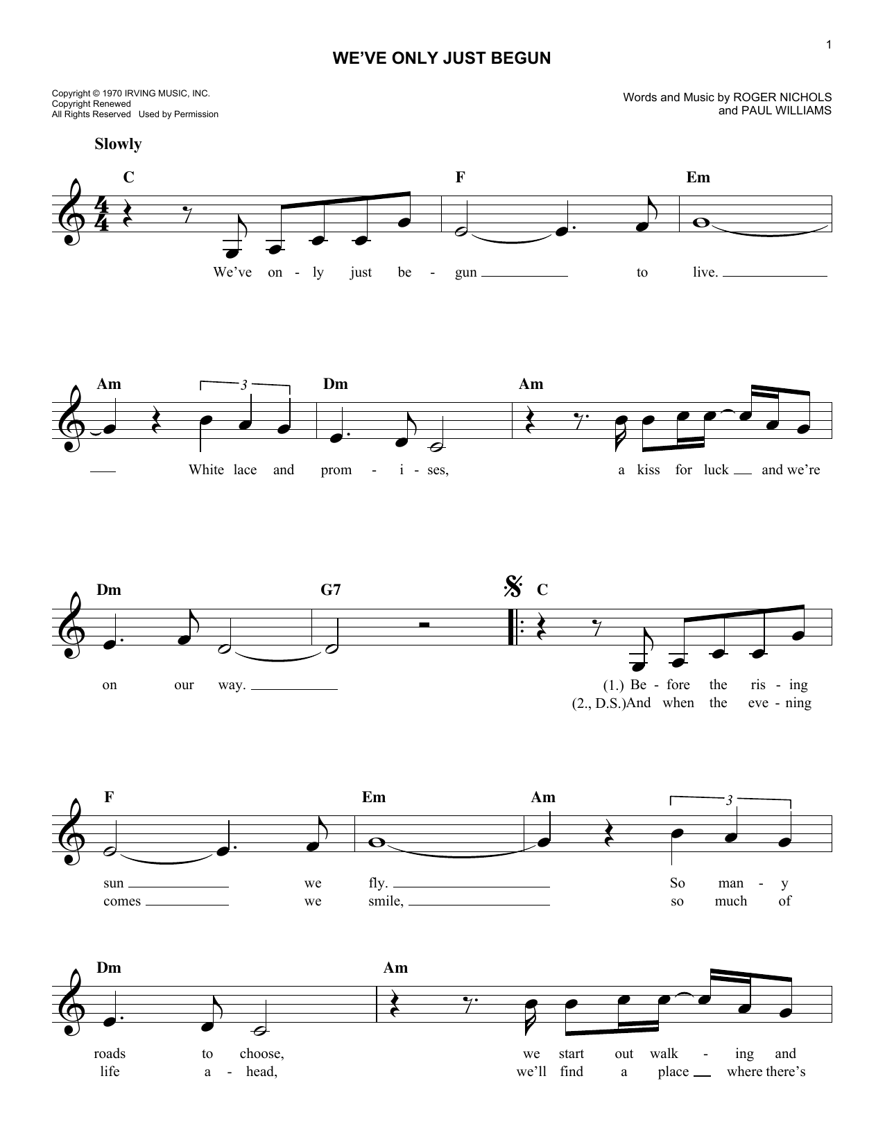 The Carpenters We've Only Just Begun Sheet Music Notes & Chords for Real Book – Melody, Lyrics & Chords - Download or Print PDF