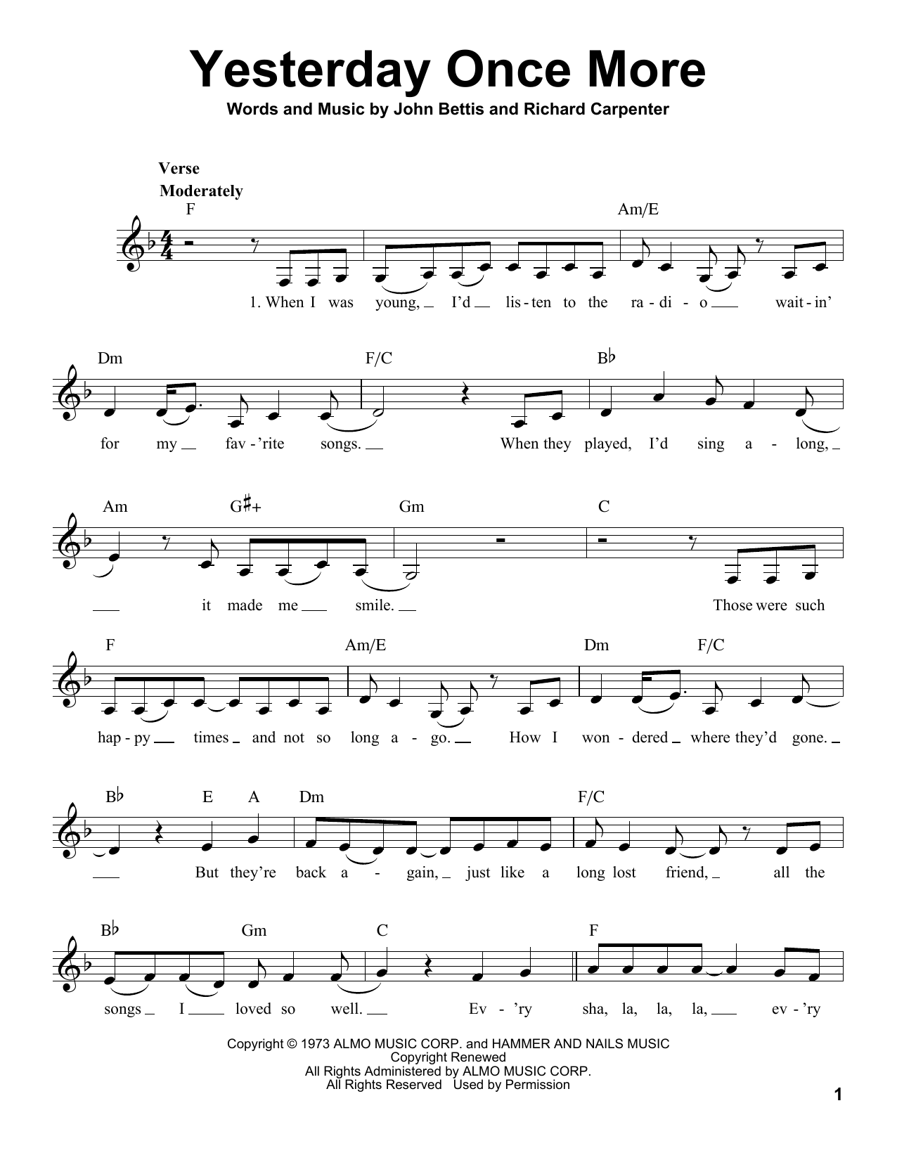 Carpenters Yesterday Once More Sheet Music Notes & Chords for Melody Line, Lyrics & Chords - Download or Print PDF