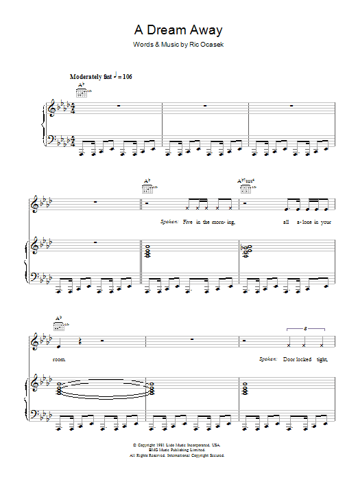 The Cars A Dream Away Sheet Music Notes & Chords for Piano, Vocal & Guitar - Download or Print PDF