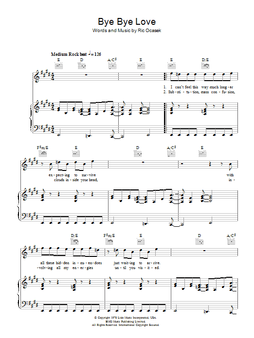 The Cars Bye Bye Love Sheet Music Notes & Chords for Piano, Vocal & Guitar - Download or Print PDF