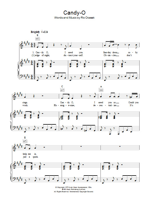 The Cars Candy-O Sheet Music Notes & Chords for Piano, Vocal & Guitar - Download or Print PDF