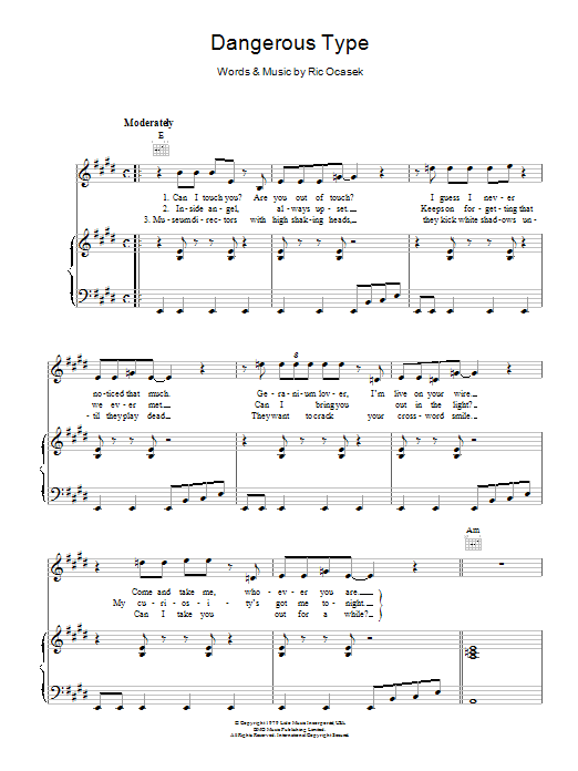 The Cars Dangerous Type Sheet Music Notes & Chords for Piano, Vocal & Guitar - Download or Print PDF