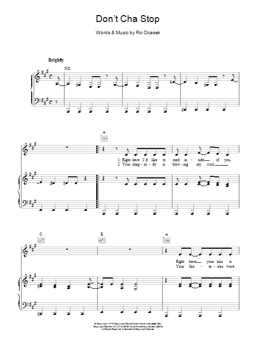 The Cars Don't Cha Stop Sheet Music Notes & Chords for Piano, Vocal & Guitar (Right-Hand Melody) - Download or Print PDF