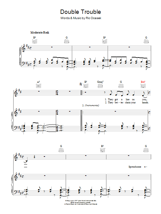 The Cars Double Trouble Sheet Music Notes & Chords for Piano, Vocal & Guitar - Download or Print PDF