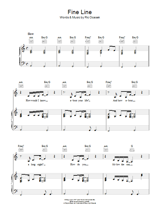 The Cars Fine Line Sheet Music Notes & Chords for Piano, Vocal & Guitar (Right-Hand Melody) - Download or Print PDF