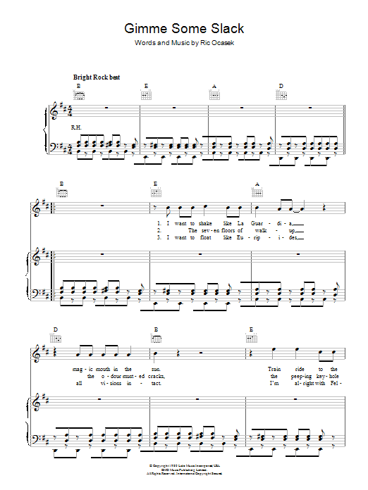 The Cars Gimme Some Slack Sheet Music Notes & Chords for Piano, Vocal & Guitar - Download or Print PDF