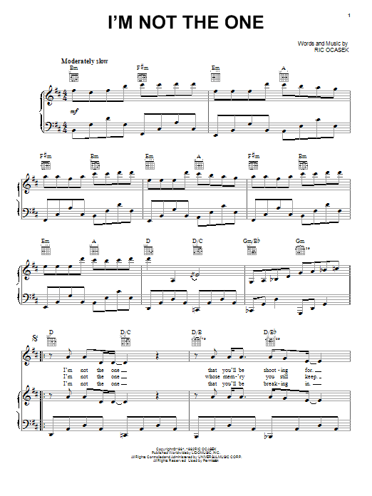 The Cars I'm Not The One Sheet Music Notes & Chords for Piano, Vocal & Guitar (Right-Hand Melody) - Download or Print PDF
