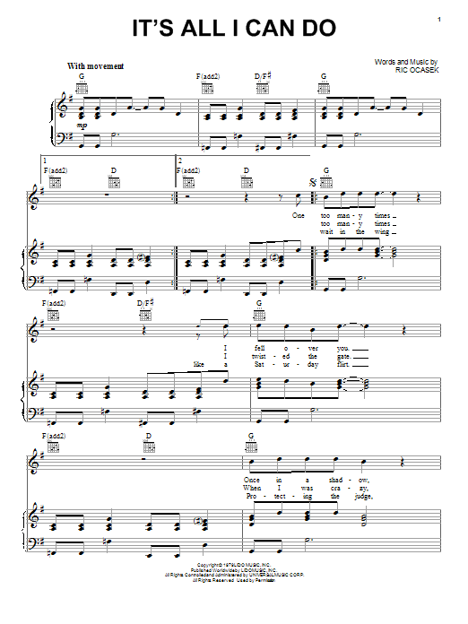 The Cars It's All I Can Do Sheet Music Notes & Chords for Piano, Vocal & Guitar - Download or Print PDF