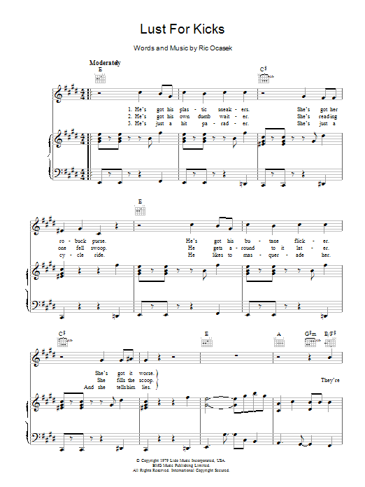 The Cars Lust For Kicks Sheet Music Notes & Chords for Piano, Vocal & Guitar - Download or Print PDF
