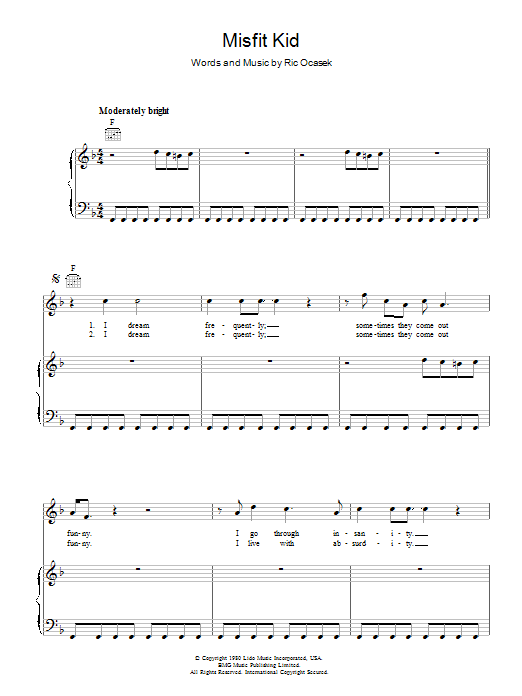 The Cars Misfit Kid Sheet Music Notes & Chords for Piano, Vocal & Guitar - Download or Print PDF