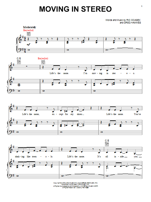 The Cars Moving In Stereo Sheet Music Notes & Chords for Piano, Vocal & Guitar - Download or Print PDF