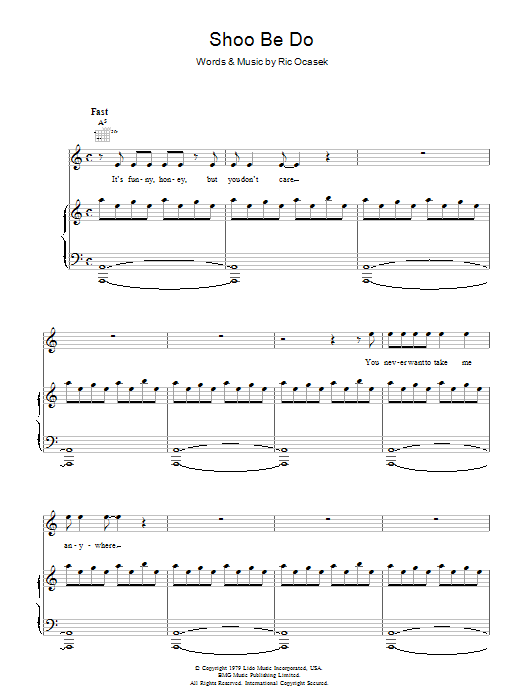 The Cars Shoo Be Do Sheet Music Notes & Chords for Piano, Vocal & Guitar - Download or Print PDF