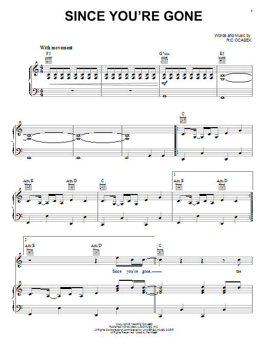 The Cars Since You're Gone Sheet Music Notes & Chords for Piano, Vocal & Guitar - Download or Print PDF