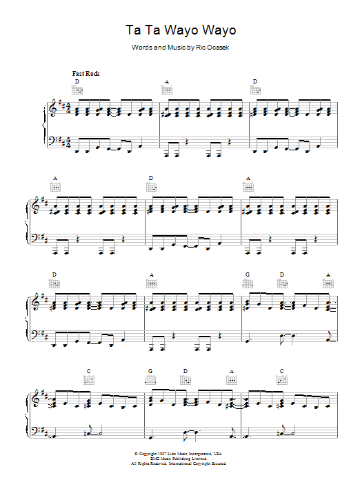 The Cars Ta Ta Wayo Wayo Sheet Music Notes & Chords for Piano, Vocal & Guitar - Download or Print PDF