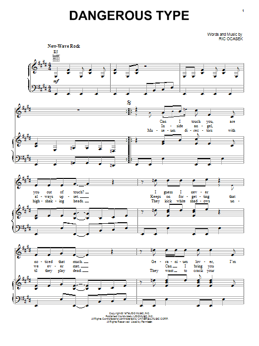 The Cars The Dangerous Type Sheet Music Notes & Chords for Piano, Vocal & Guitar (Right-Hand Melody) - Download or Print PDF The Cars The Dangerous Type Sheet Music Notes & Chords for Piano, Vocal & Guitar (Right-Hand Melody) - Download or Print PDF