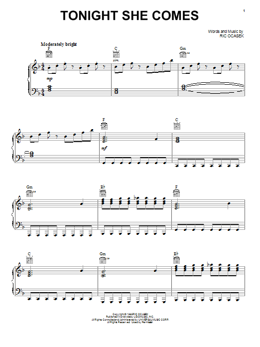 The Cars Tonight She Comes Sheet Music Notes & Chords for Guitar Tab - Download or Print PDF
