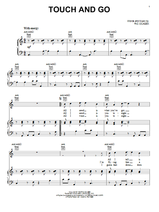 The Cars Touch And Go Sheet Music Notes & Chords for Piano, Vocal & Guitar - Download or Print PDF