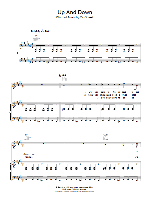 The Cars Up And Down Sheet Music Notes & Chords for Piano, Vocal & Guitar - Download or Print PDF