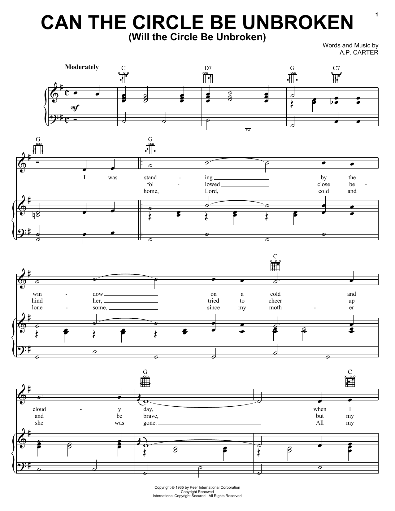 The Carter Family Can The Circle Be Unbroken (Will The Circle Be Unbroken) Sheet Music Notes & Chords for Easy Piano - Download or Print PDF