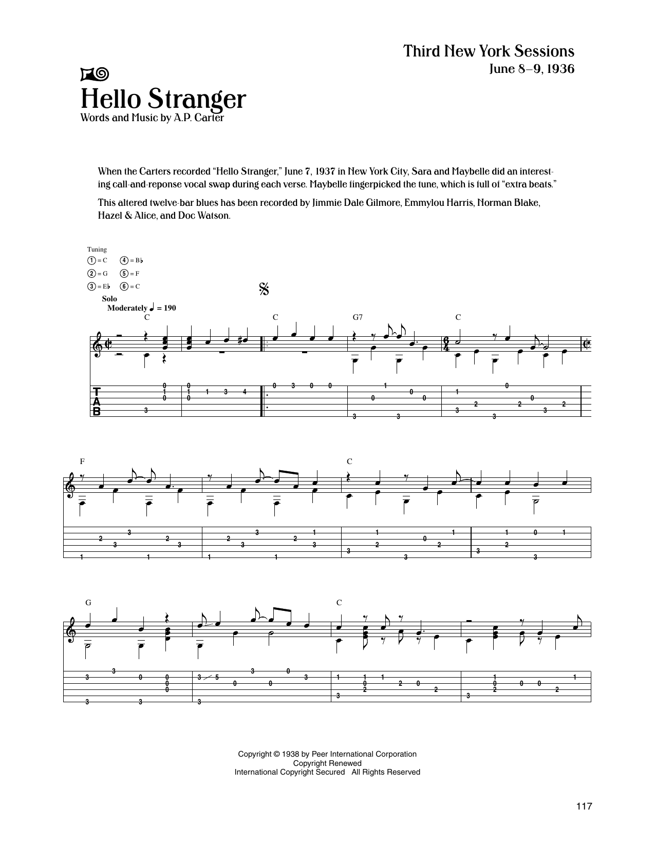 The Carter Family Hello Stranger Sheet Music Notes & Chords for Guitar Tab - Download or Print PDF