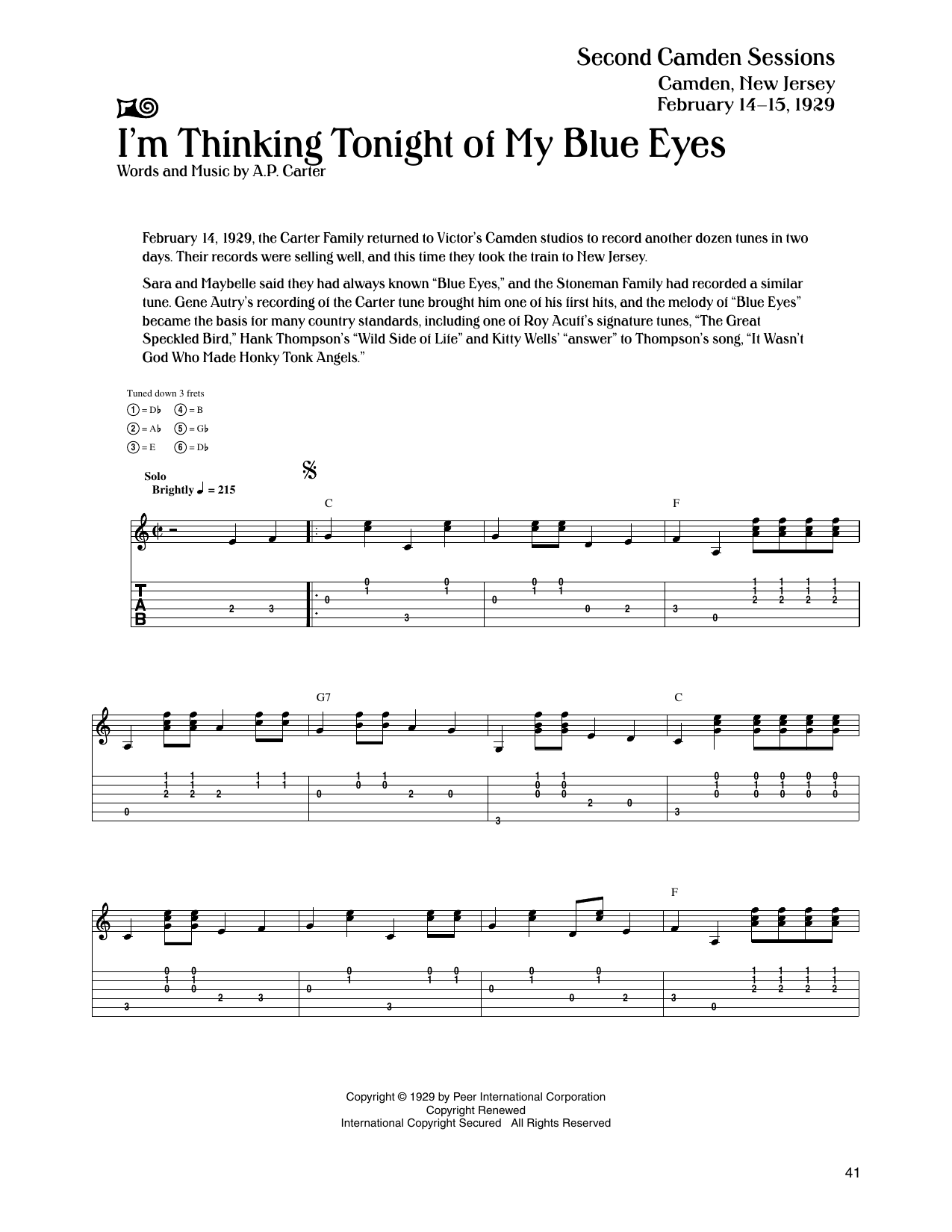 The Carter Family I'm Thinking Tonight Of My Blue Eyes Sheet Music Notes & Chords for Guitar Tab - Download or Print PDF