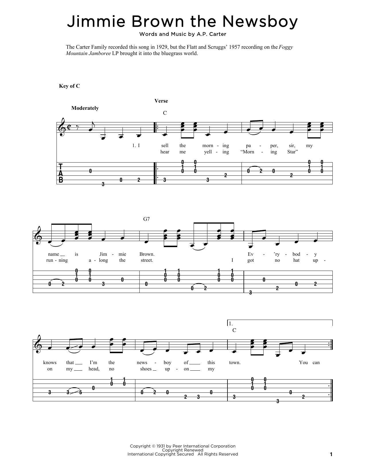 The Carter Family Jimmie Brown The Newsboy (arr. Fred Sokolow) Sheet Music Notes & Chords for Solo Guitar Tab - Download or Print PDF