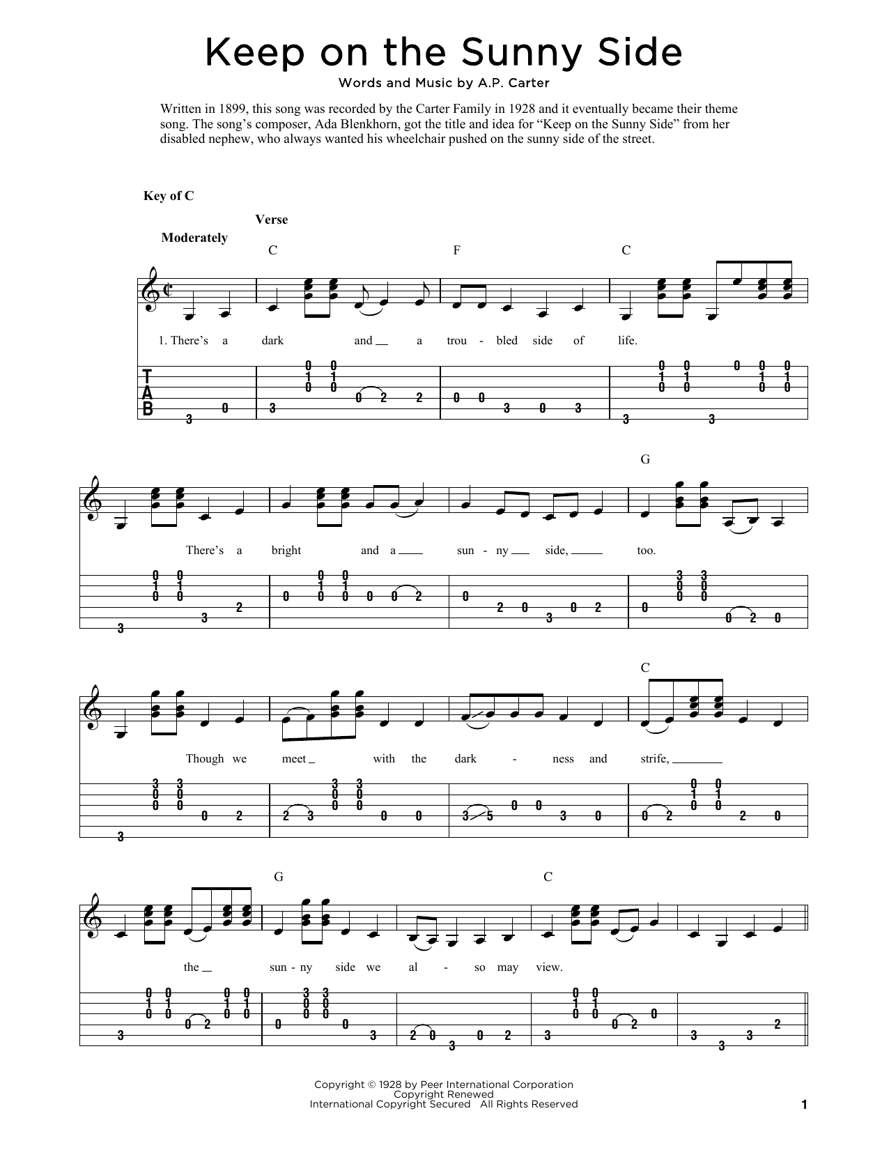 The Carter Family Keep On The Sunny Side (arr. Fred Sokolow) Sheet Music Notes & Chords for Solo Guitar Tab - Download or Print PDF
