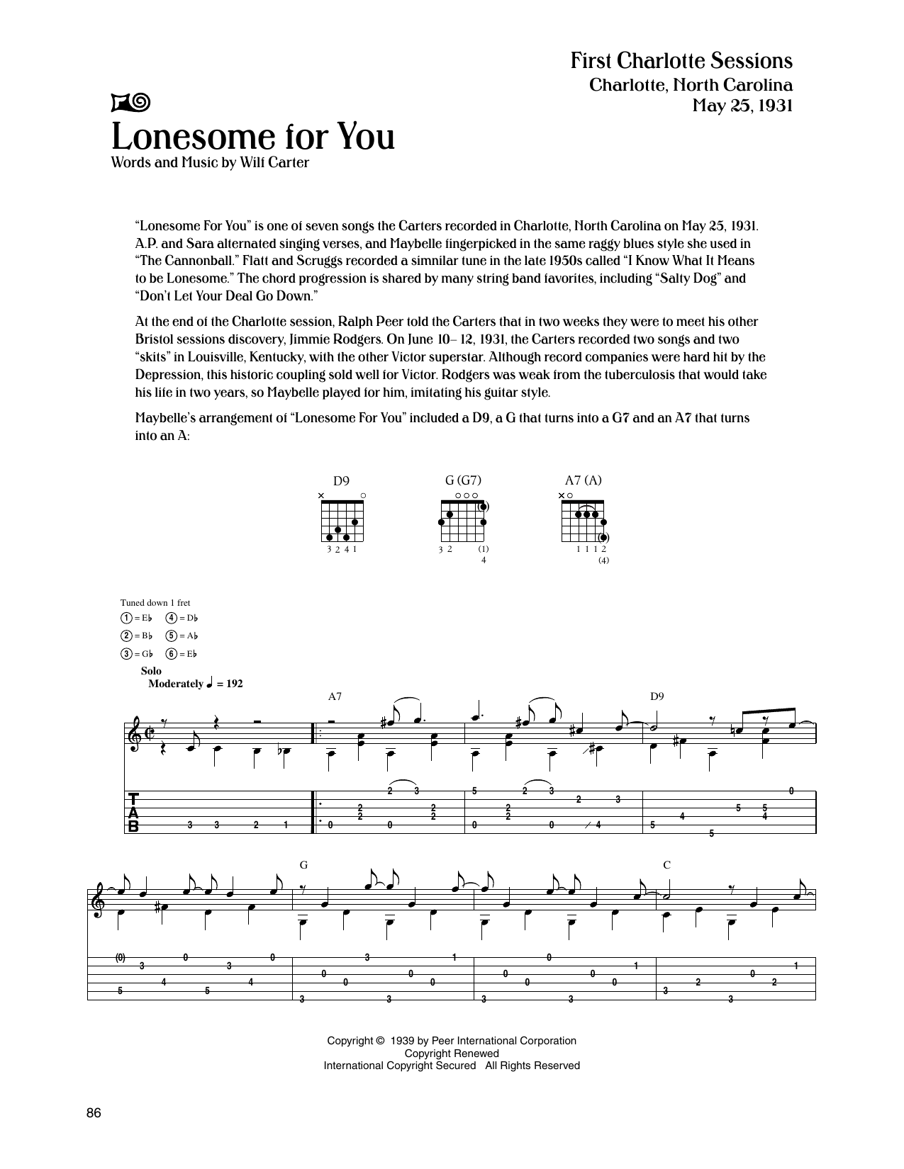 The Carter Family Lonesome For You Sheet Music Notes & Chords for Guitar Tab - Download or Print PDF