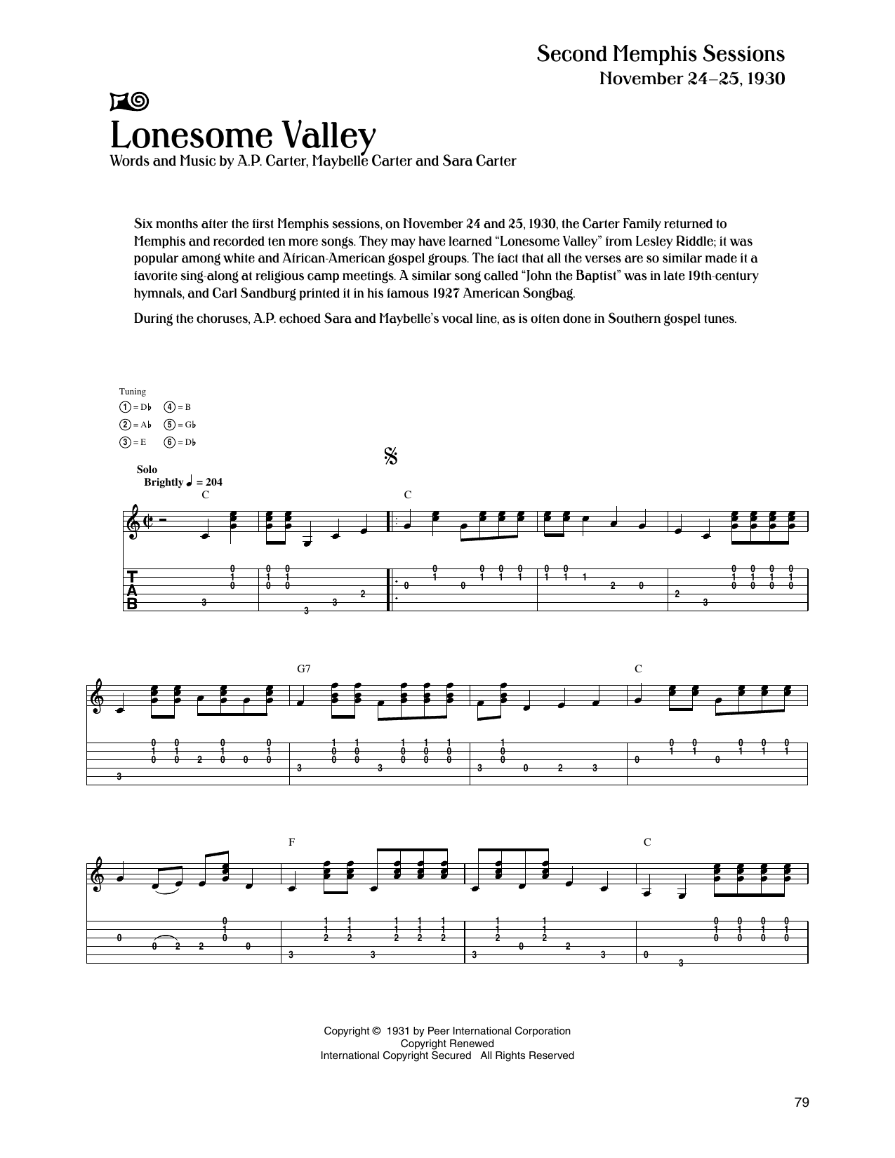 The Carter Family Lonesome Valley Sheet Music Notes & Chords for Guitar Tab - Download or Print PDF
