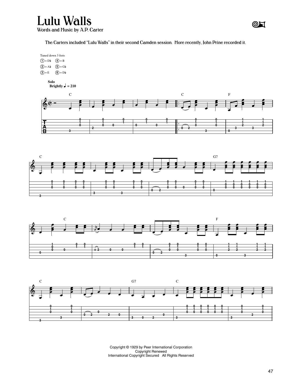 The Carter Family Lulu Walls Sheet Music Notes & Chords for Guitar Tab - Download or Print PDF