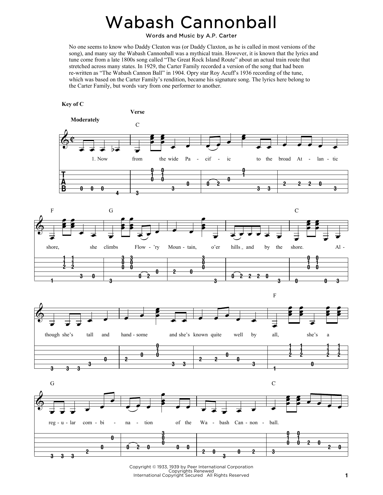 The Carter Family Wabash Cannonball (arr. Fred Sokolow) Sheet Music Notes & Chords for Solo Guitar Tab - Download or Print PDF