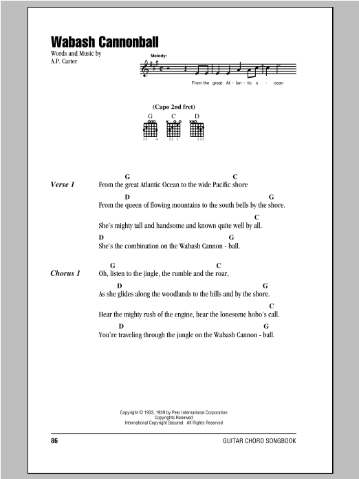The Carter Family Wabash Cannonball Sheet Music Notes & Chords for Melody Line, Lyrics & Chords - Download or Print PDF