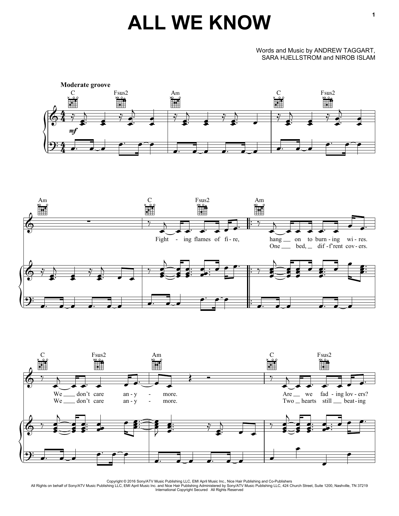 The Chainsmokers All We Know Sheet Music Notes & Chords for Piano, Vocal & Guitar (Right-Hand Melody) - Download or Print PDF