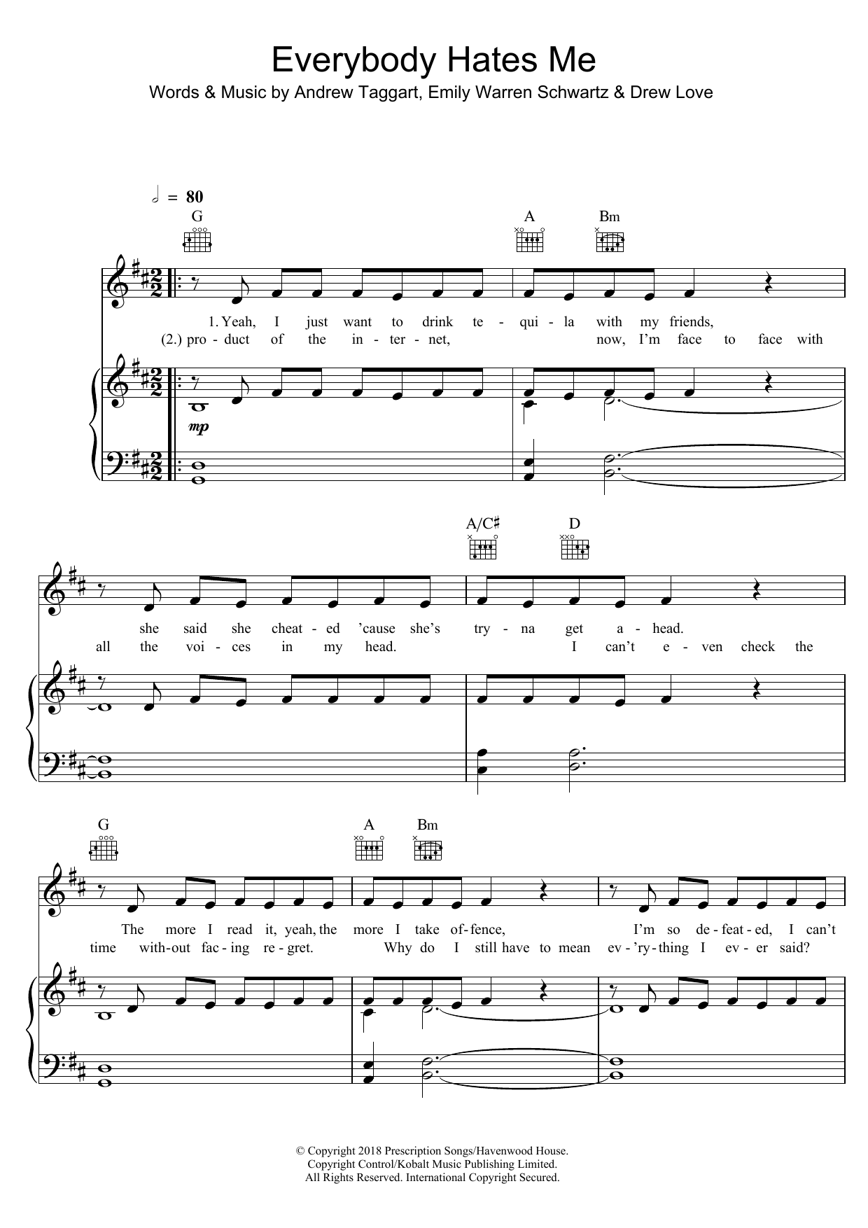 The Chainsmokers Everybody Hates Me Sheet Music Notes & Chords for Piano, Vocal & Guitar (Right-Hand Melody) - Download or Print PDF