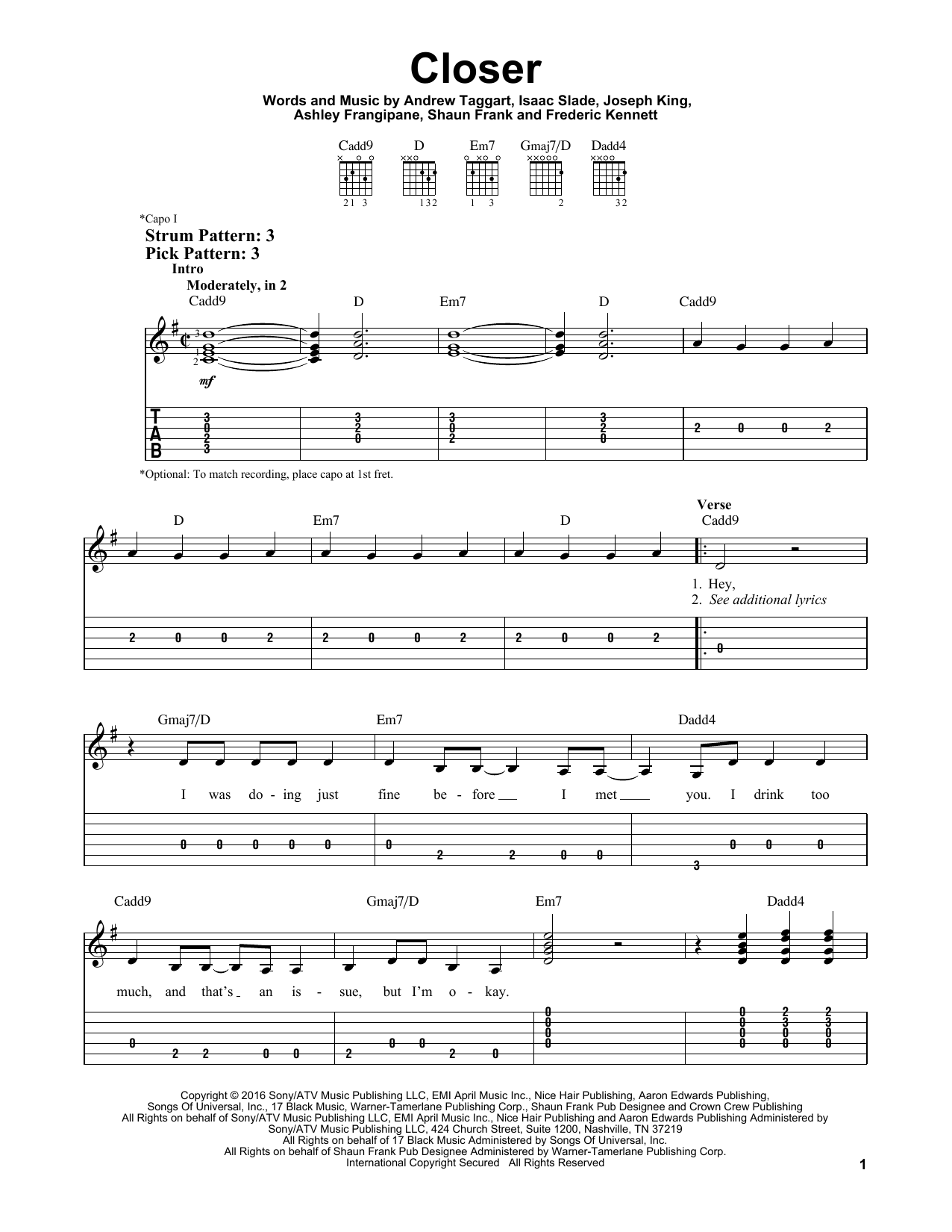 The Chainsmokers feat. Halsey Closer Sheet Music Notes & Chords for Easy Guitar Tab - Download or Print PDF